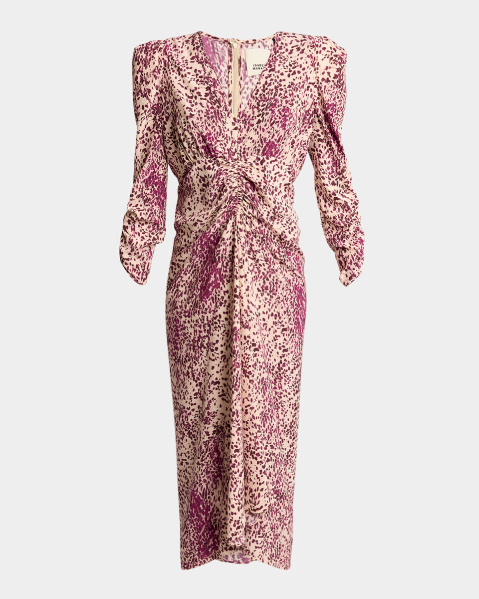 Albini Spotted-Print Ruched 3/4-Sleeve Midi Dress